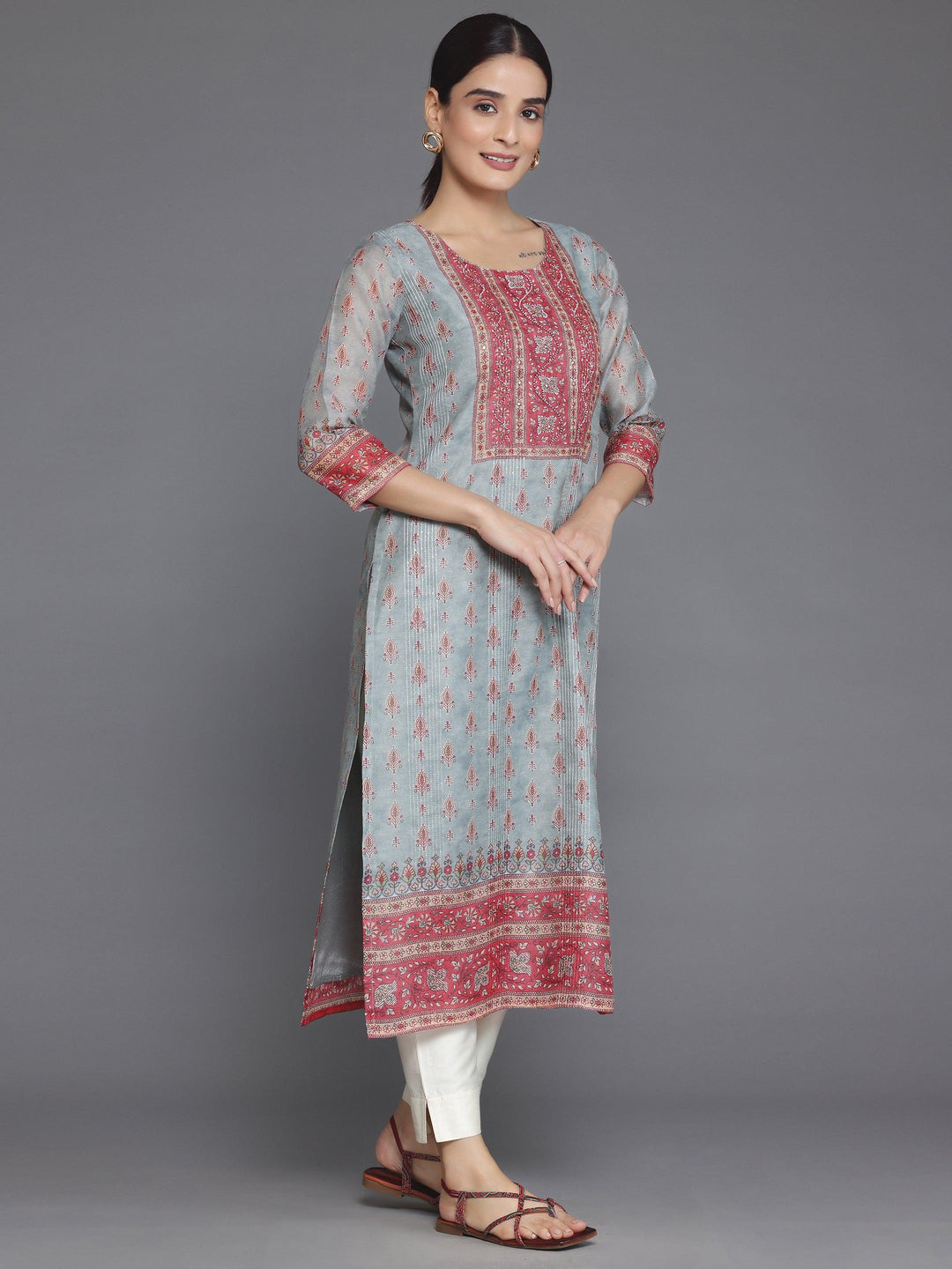 Grey Printed Chanderi Silk Straight Kurta - Libas 