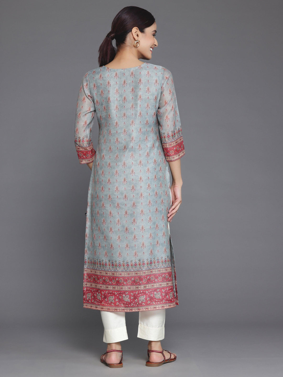 Grey Printed Chanderi Silk Straight Kurta - Libas 