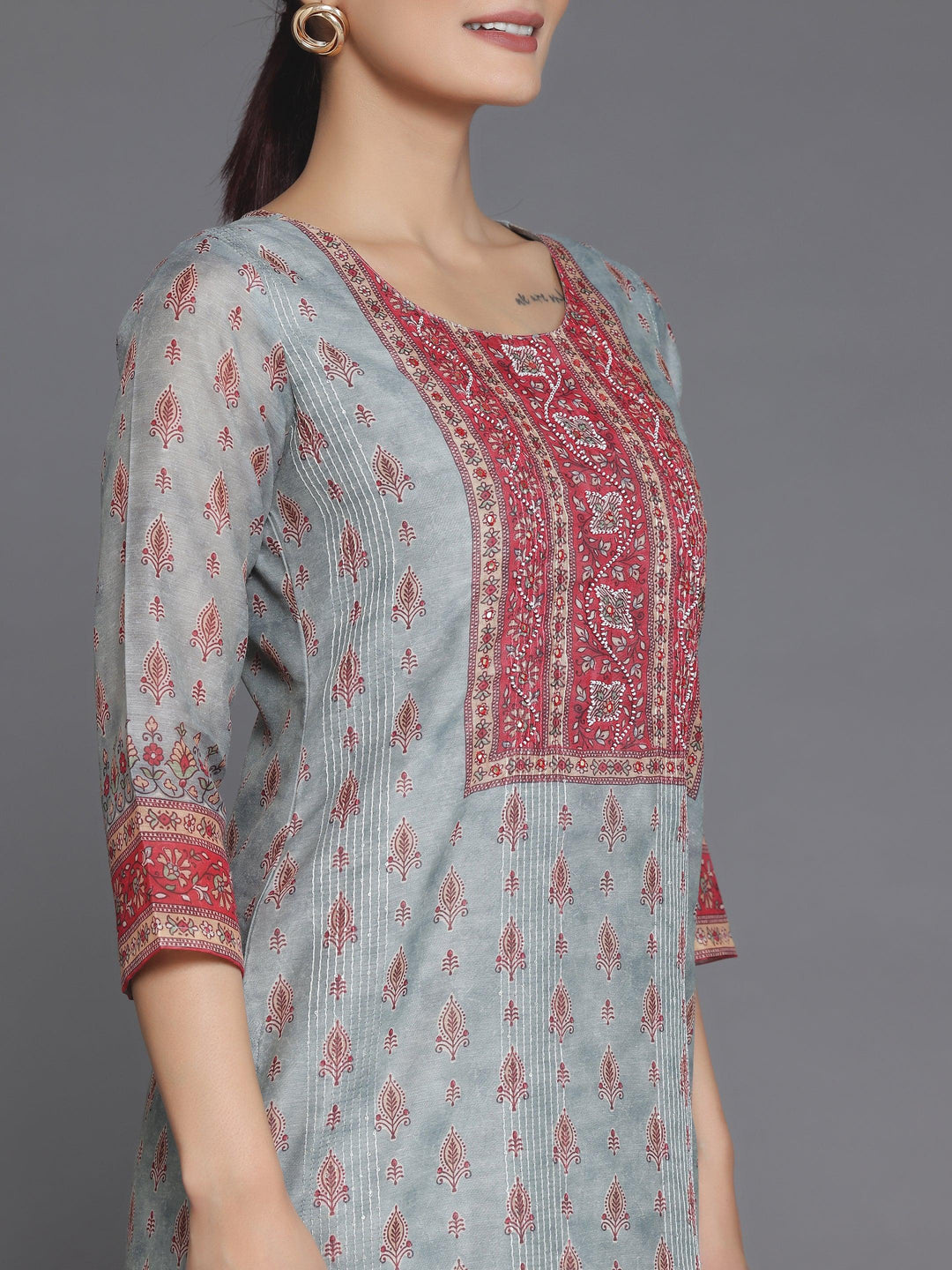 Grey Printed Chanderi Silk Straight Kurta - Libas 