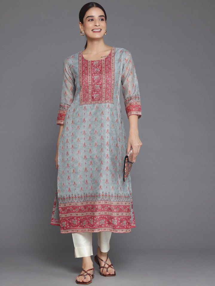 Grey Printed Chanderi Silk Straight Kurta - Libas