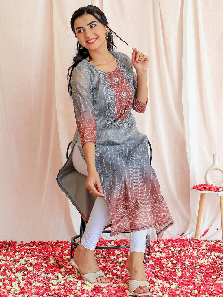 Grey Embellished Chanderi Silk Straight Kurta - Libas