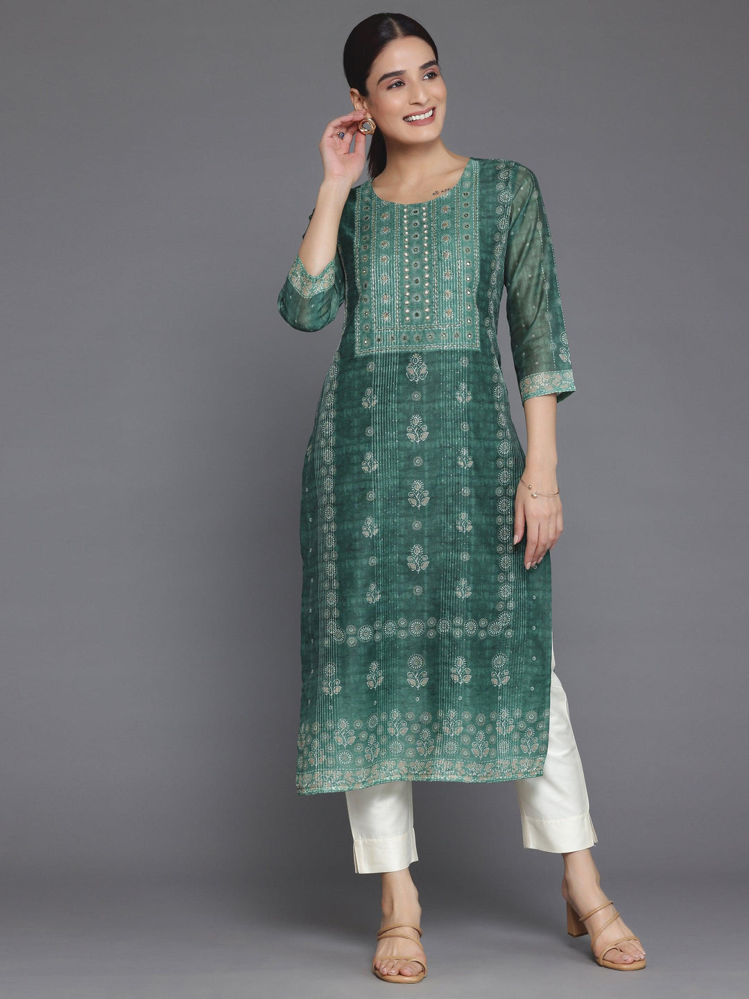 Green Printed Chanderi Silk Straight Kurta - Libas 