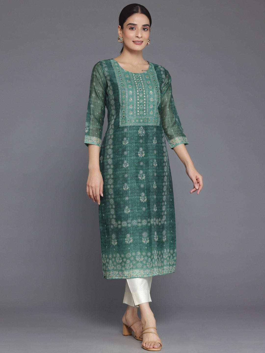 Green Printed Chanderi Silk Straight Kurta - Libas 