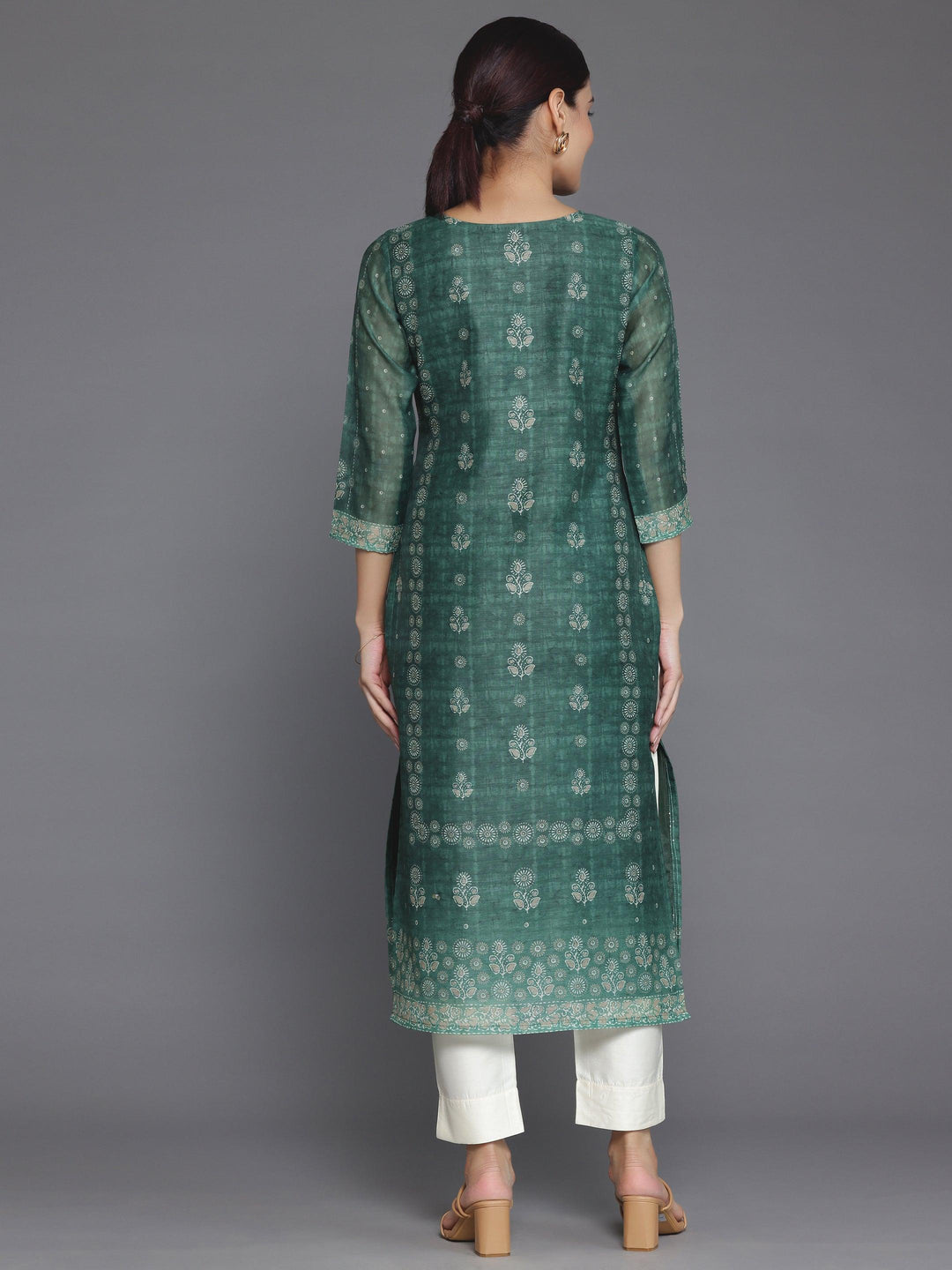 Green Printed Chanderi Silk Straight Kurta - Libas 