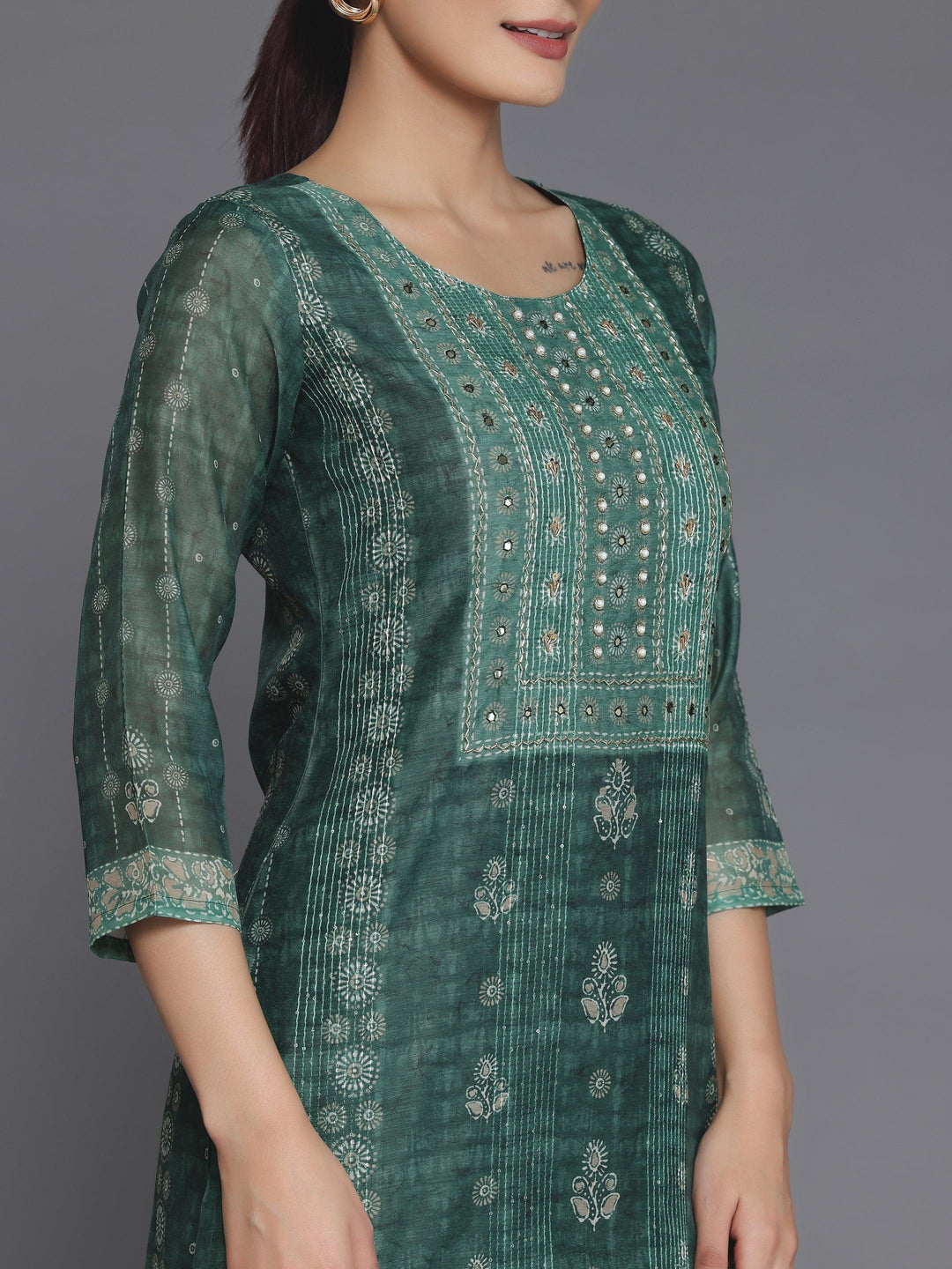 Green Printed Chanderi Silk Straight Kurta - Libas 