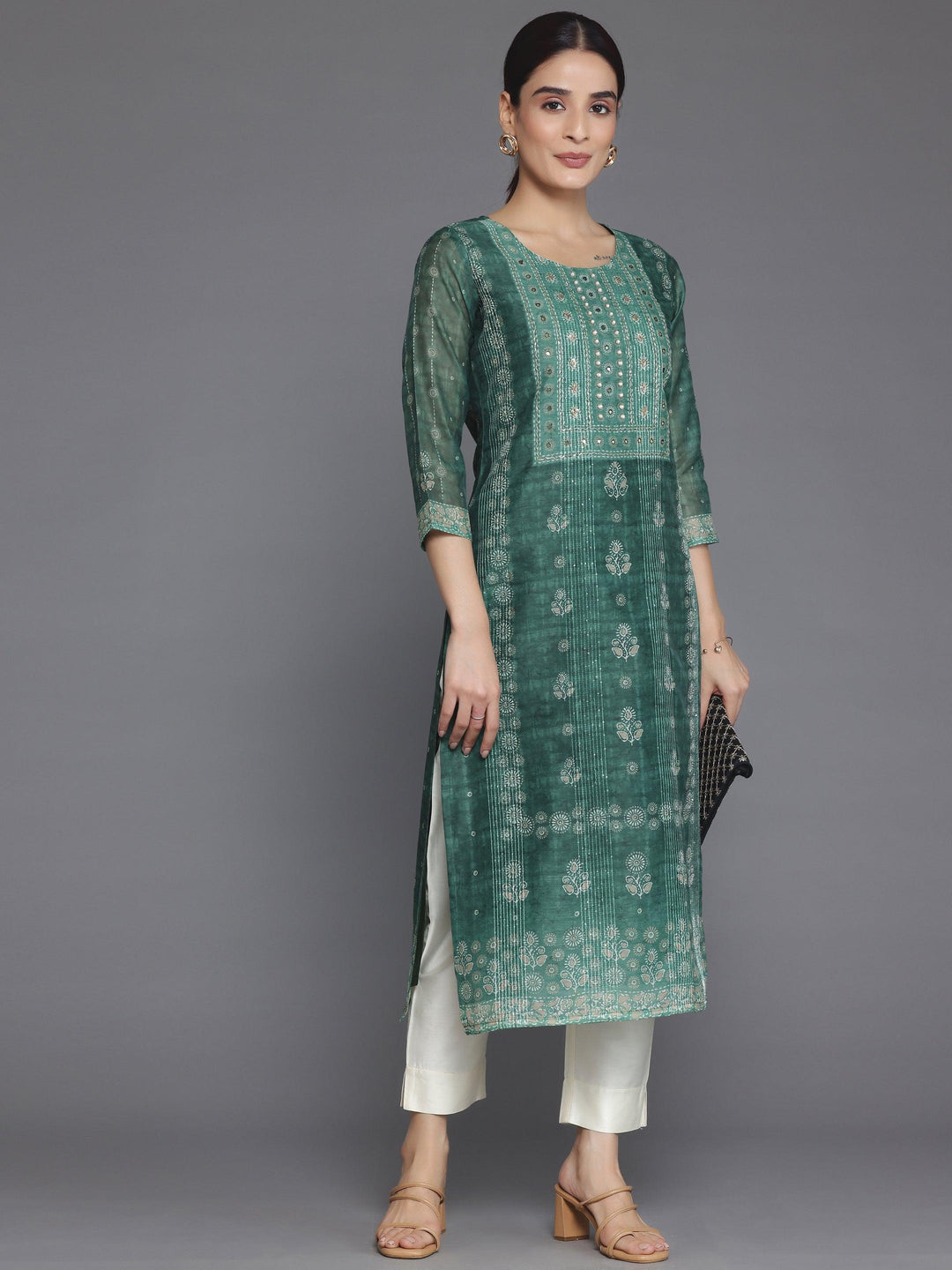 Green Printed Chanderi Silk Straight Kurta - Libas 