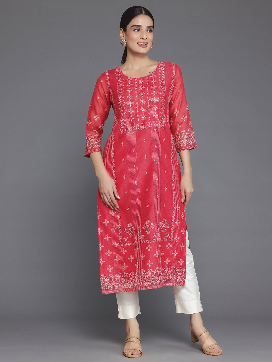 Coral Printed Chanderi Silk Straight Kurta - Libas