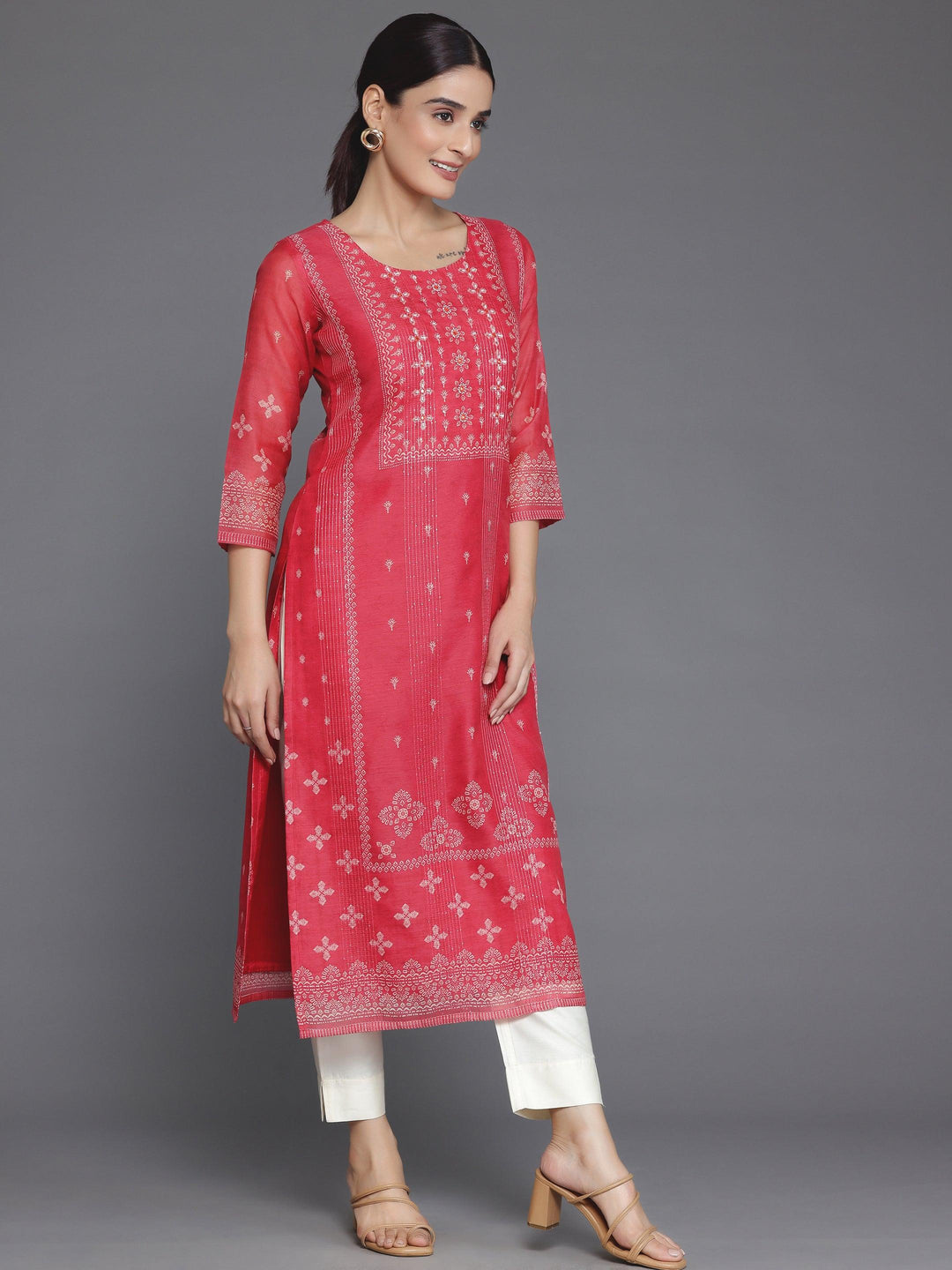 Coral Printed Chanderi Silk Straight Kurta - Libas