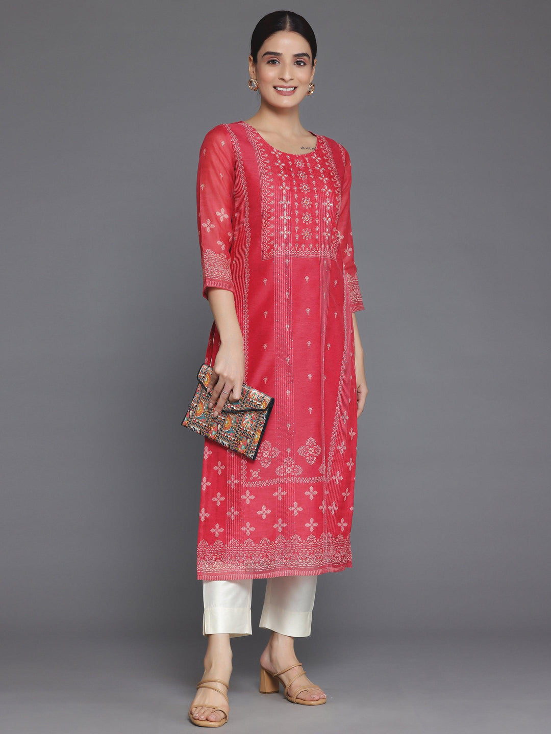 Coral Printed Chanderi Silk Straight Kurta - Libas 