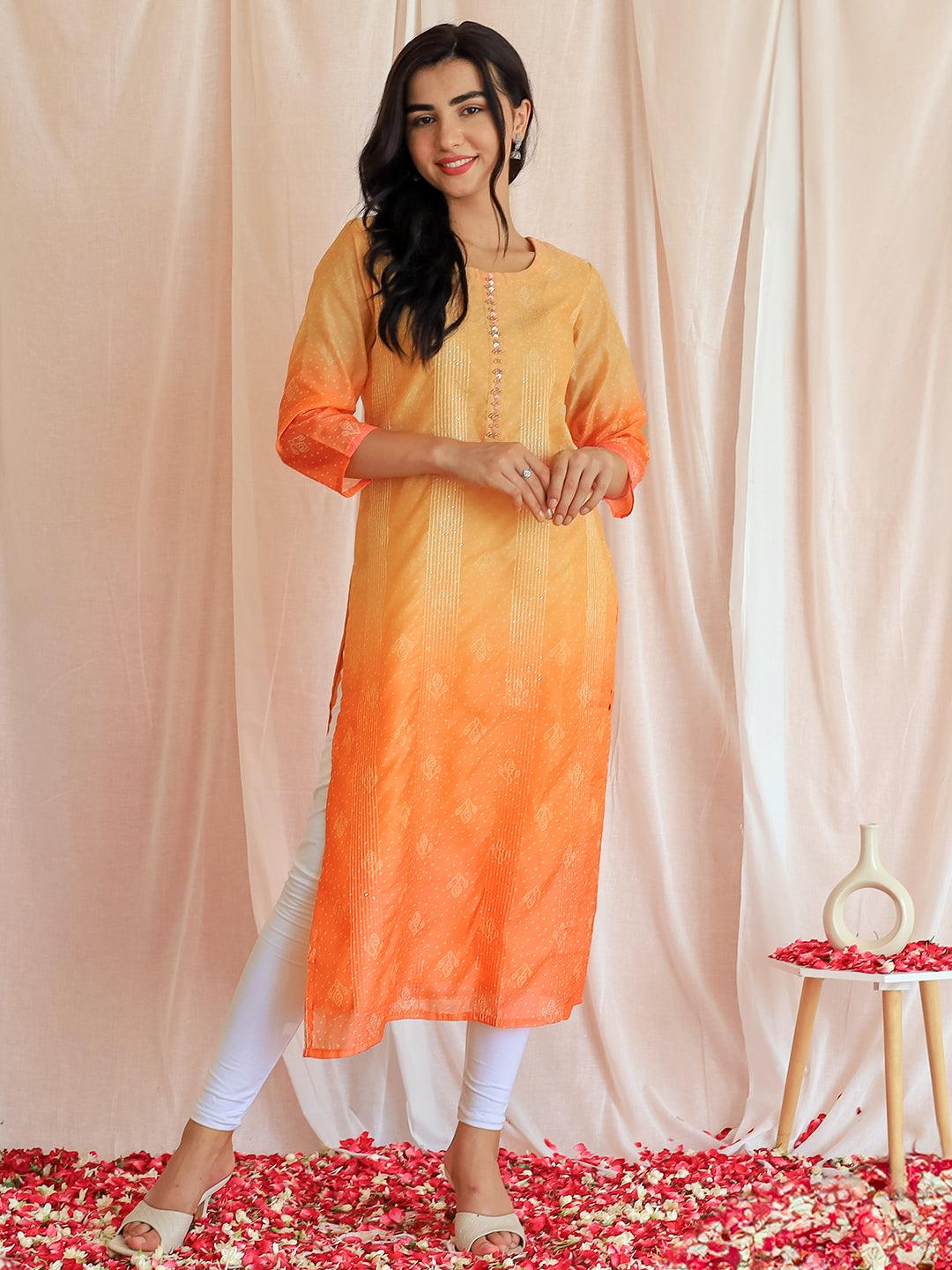 Peach Embellished Chanderi Silk Straight Kurta - Libas