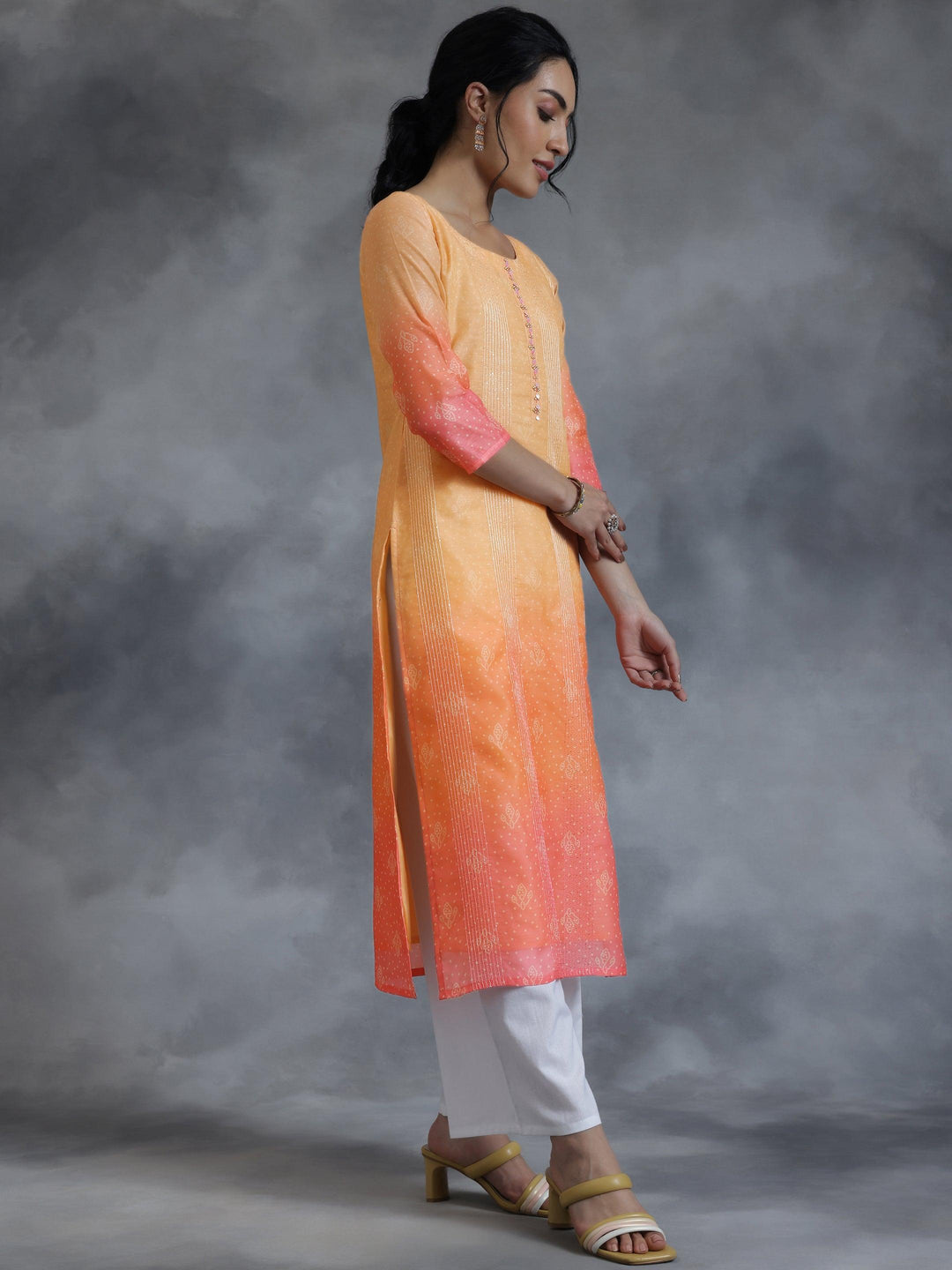 Peach Embellished Chanderi Silk Straight Kurta - Libas