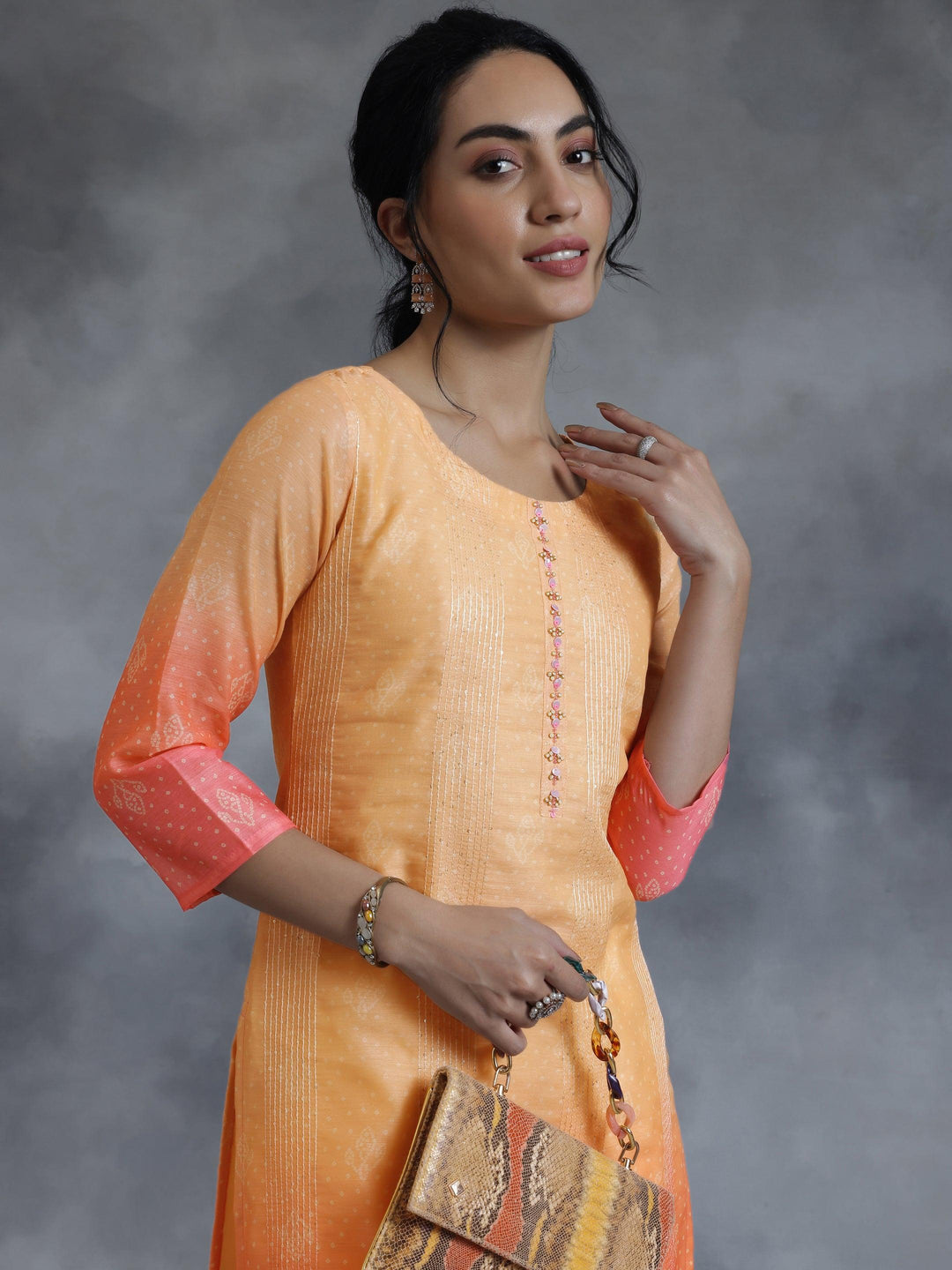 Peach Embellished Chanderi Silk Straight Kurta - Libas