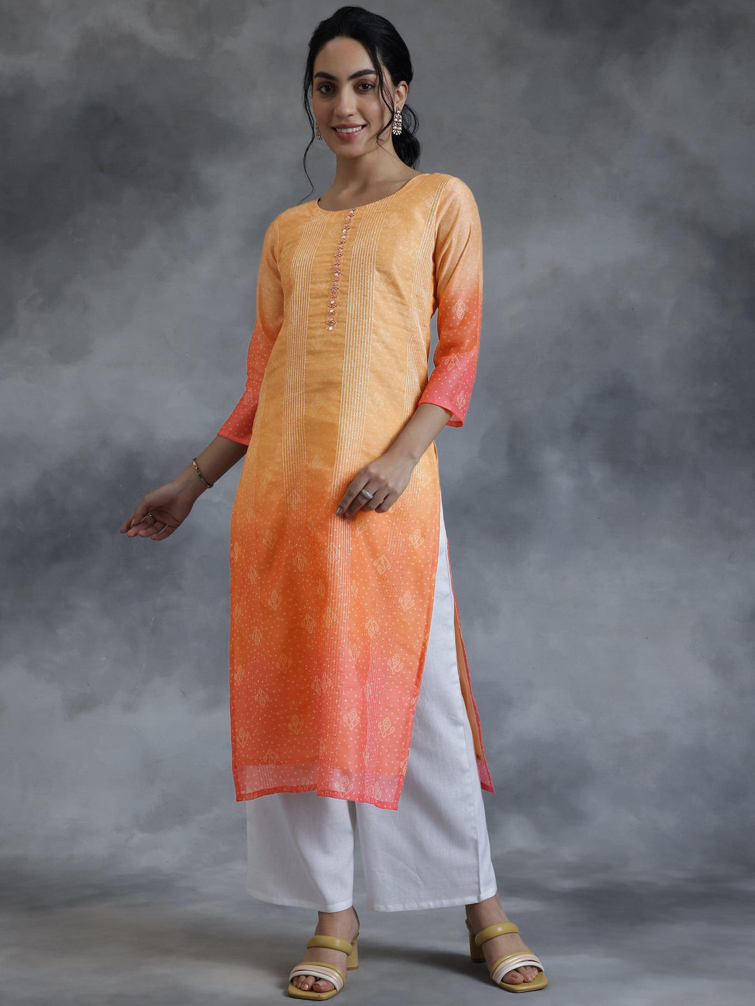 Peach Embellished Chanderi Silk Straight Kurta - Libas