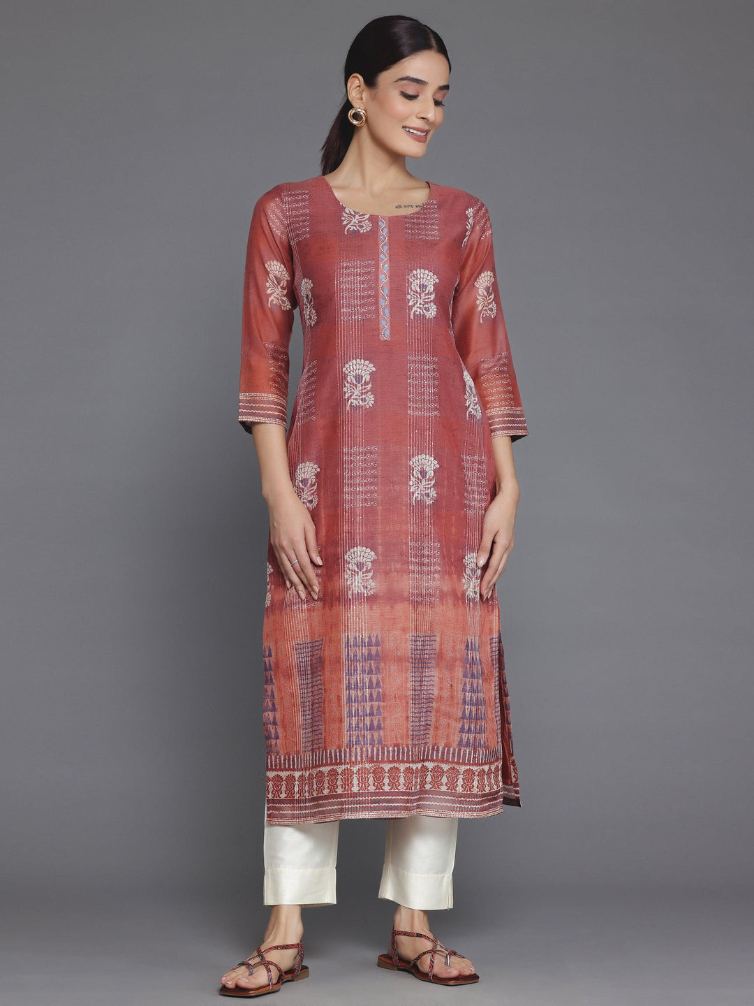 Rust Printed Chanderi Silk Straight Kurta - Libas 