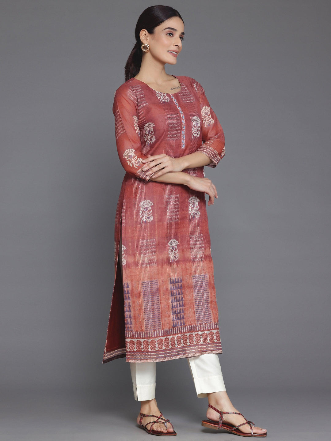 Rust Printed Chanderi Silk Straight Kurta - Libas 