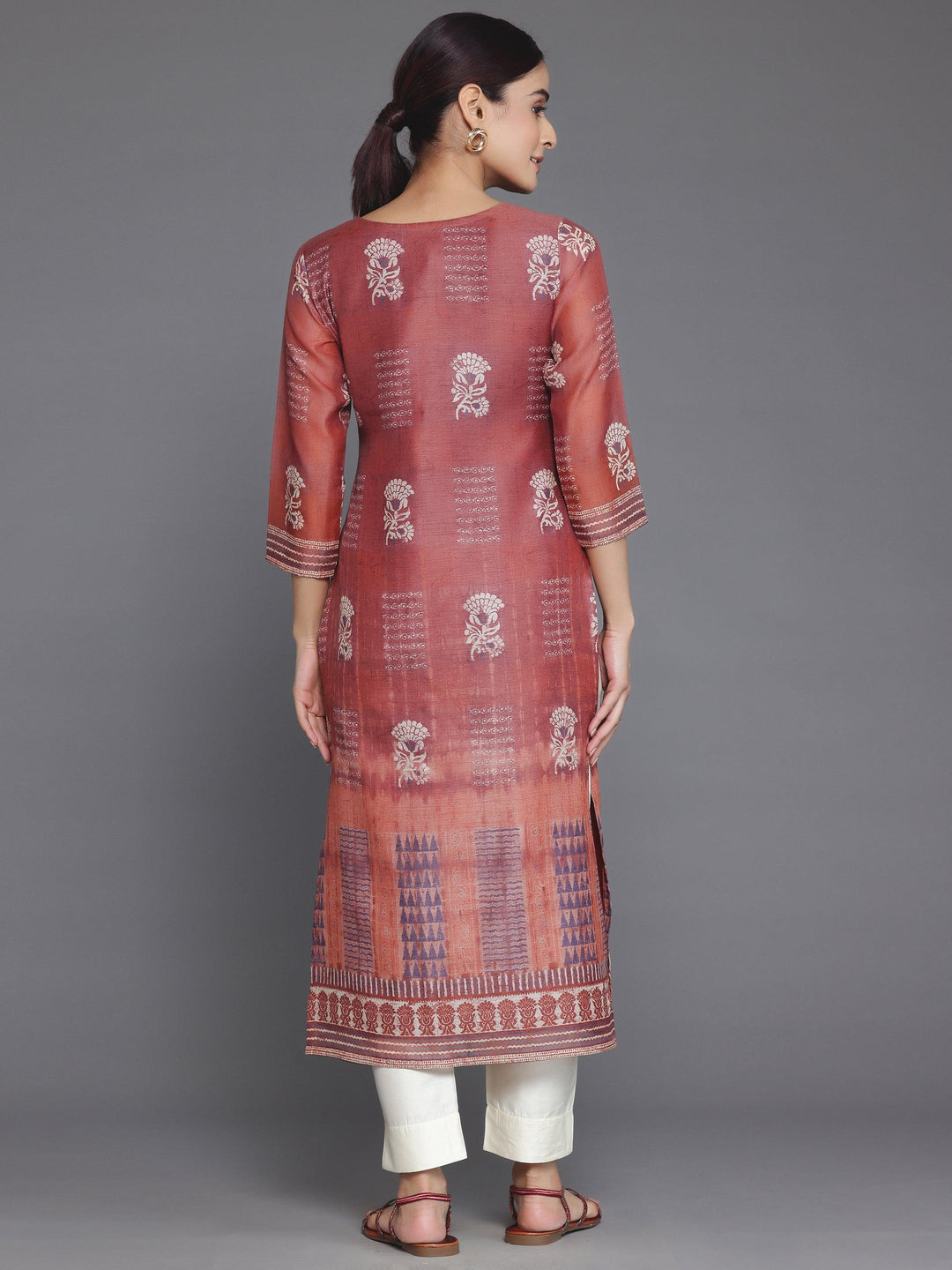 Rust Printed Chanderi Silk Straight Kurta - Libas