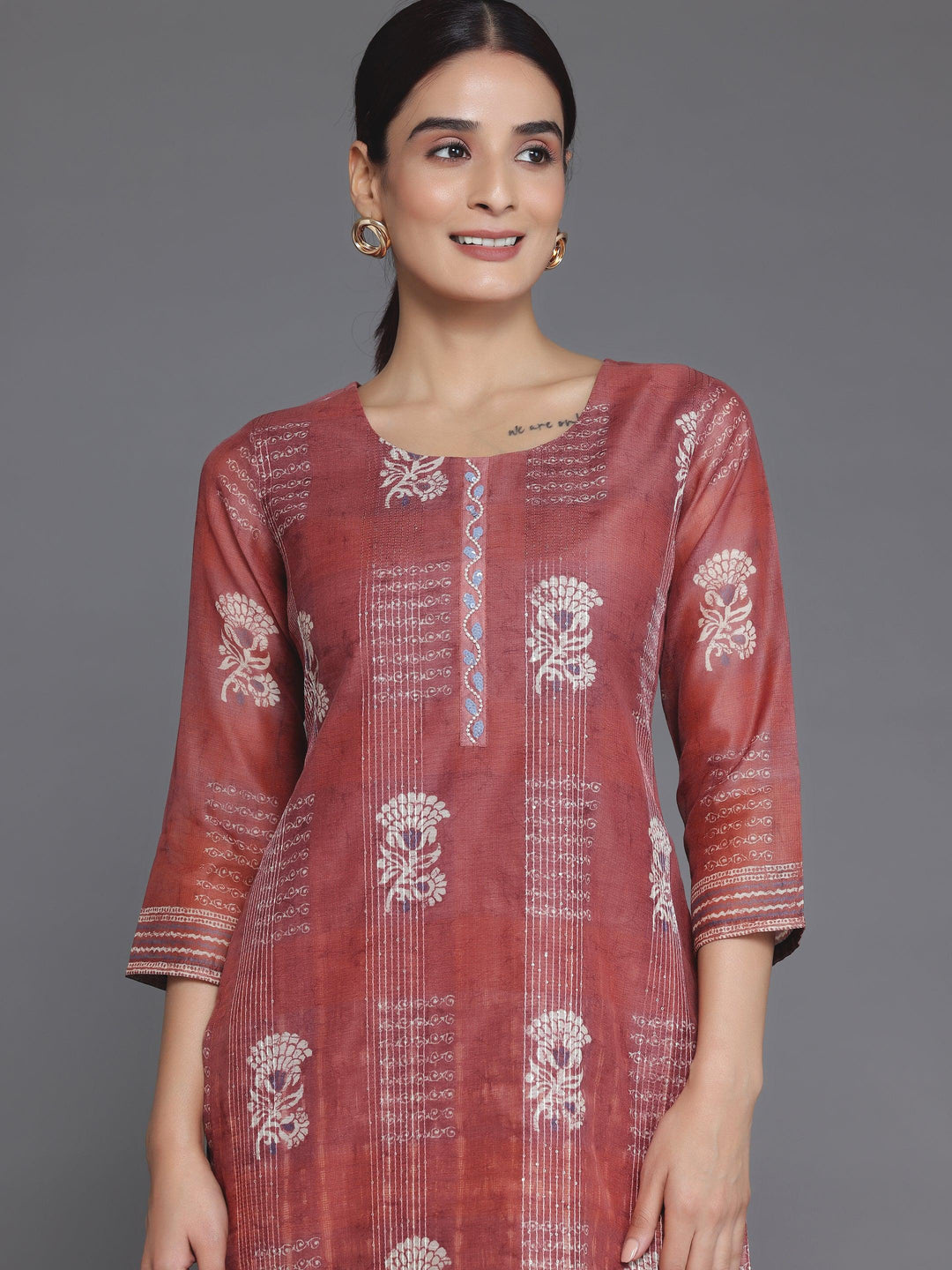 Rust Printed Chanderi Silk Straight Kurta - Libas 