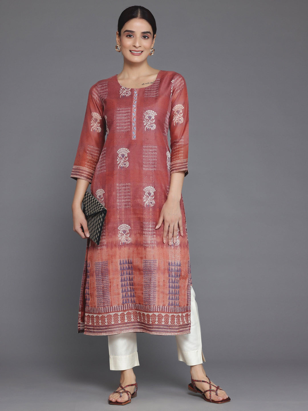 Rust Printed Chanderi Silk Straight Kurta - Libas 