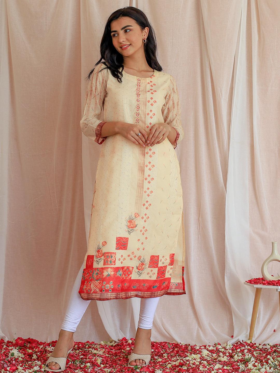 Yellow Printed Chanderi Silk Straight Kurta - Libas 