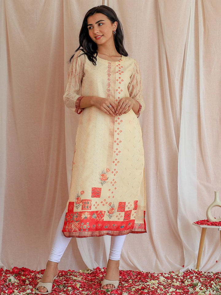 Yellow Printed Chanderi Silk Straight Kurta - Libas