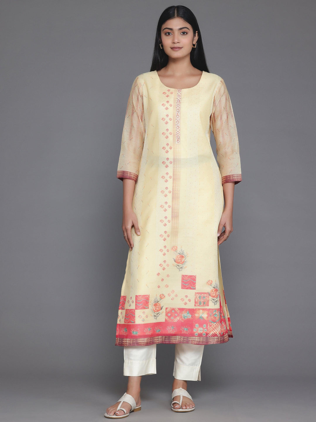 Yellow Printed Chanderi Silk Straight Kurta - Libas 