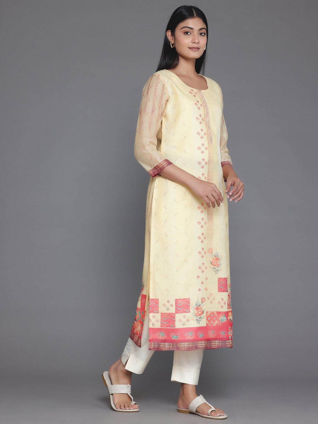 Yellow Printed Chanderi Silk Straight Kurta - Libas 