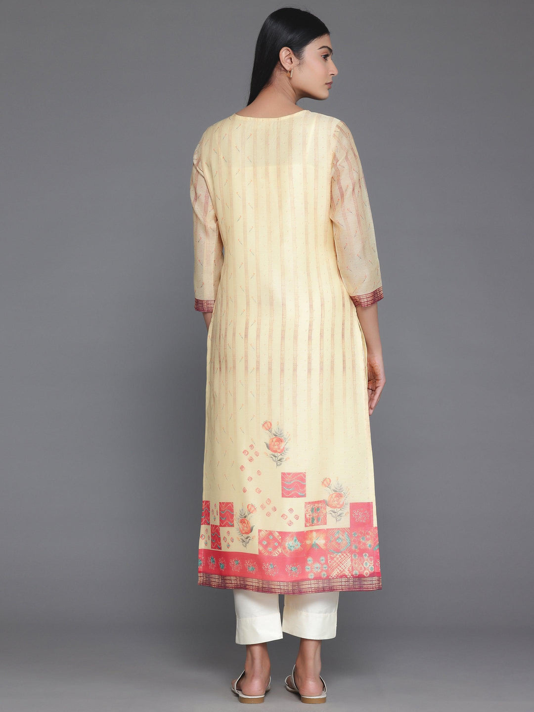 Yellow Printed Chanderi Silk Straight Kurta - Libas 