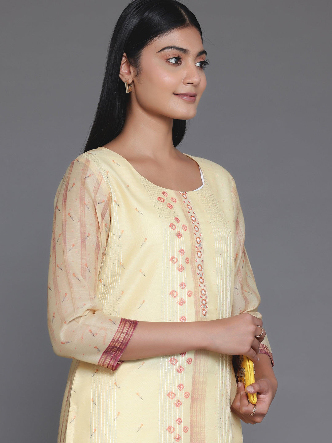 Yellow Printed Chanderi Silk Straight Kurta - Libas 