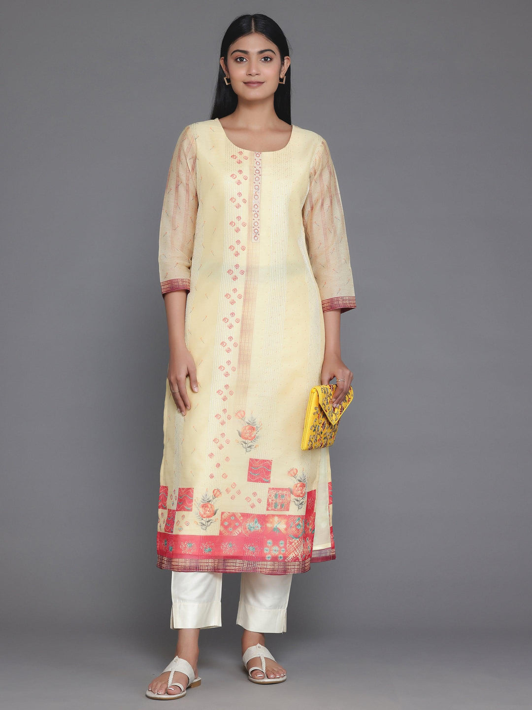 Yellow Printed Chanderi Silk Straight Kurta - Libas 