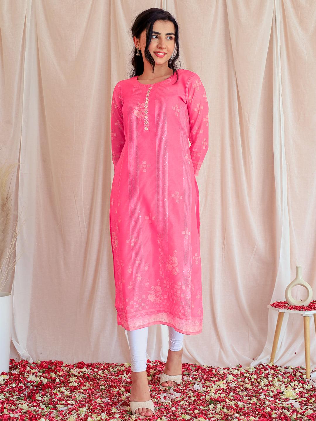 Pink Printed Chanderi Silk Straight Kurta - Libas 