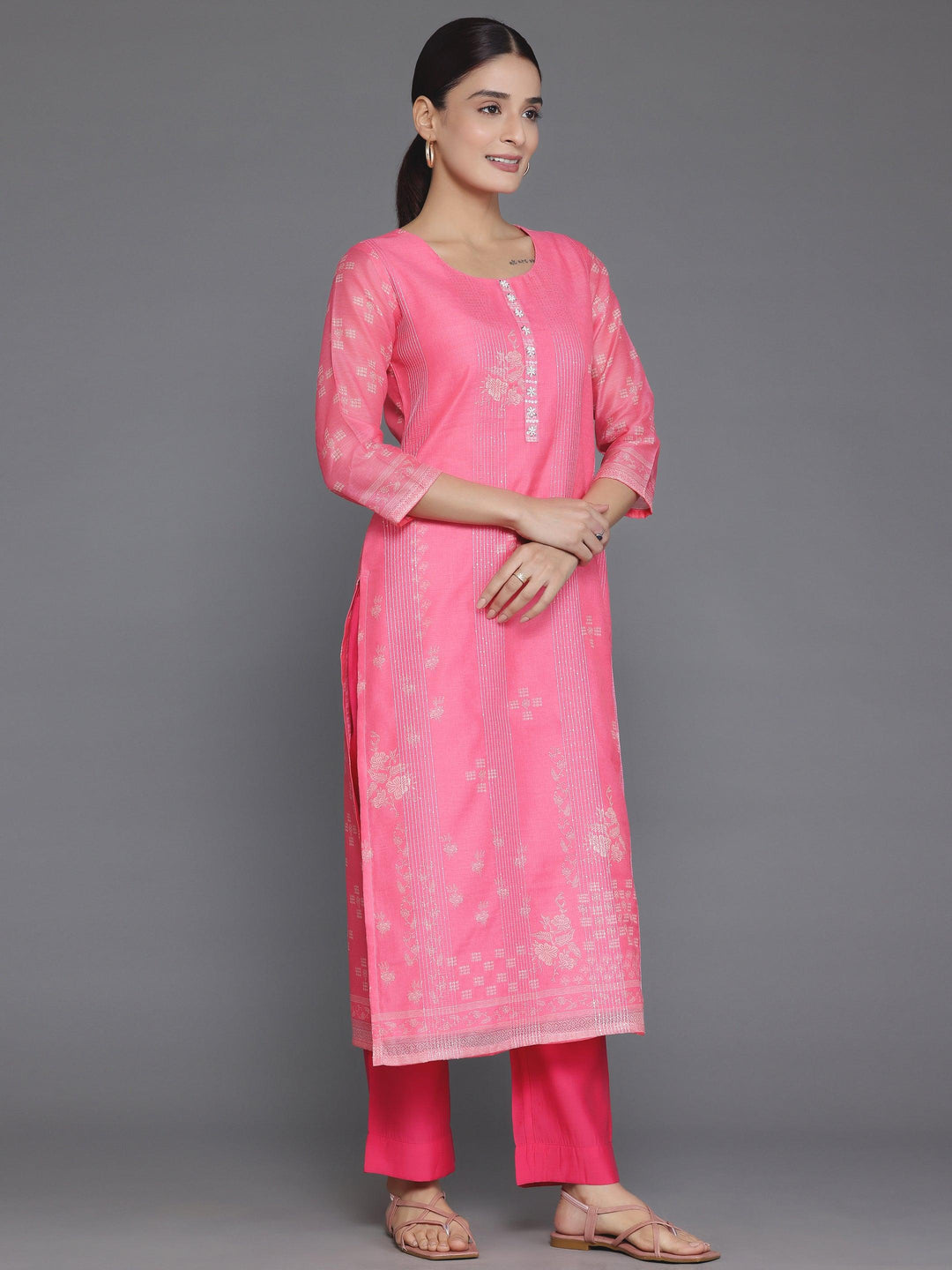 Pink Printed Chanderi Silk Straight Kurta - Libas