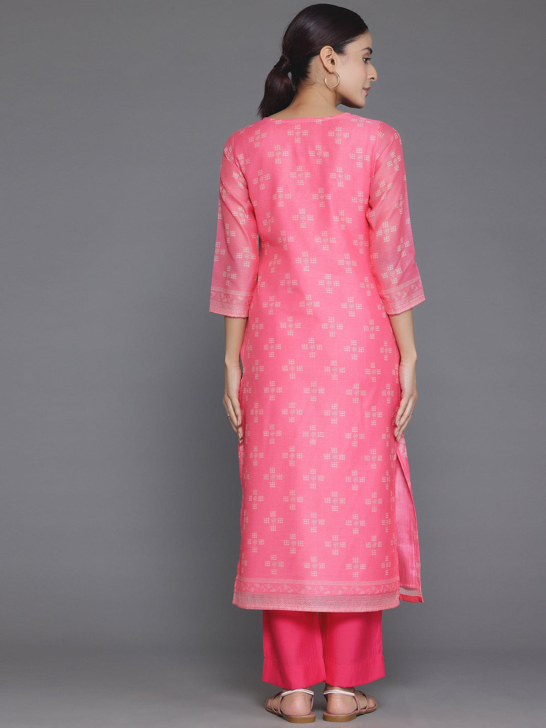 Pink Printed Chanderi Silk Straight Kurta - Libas 