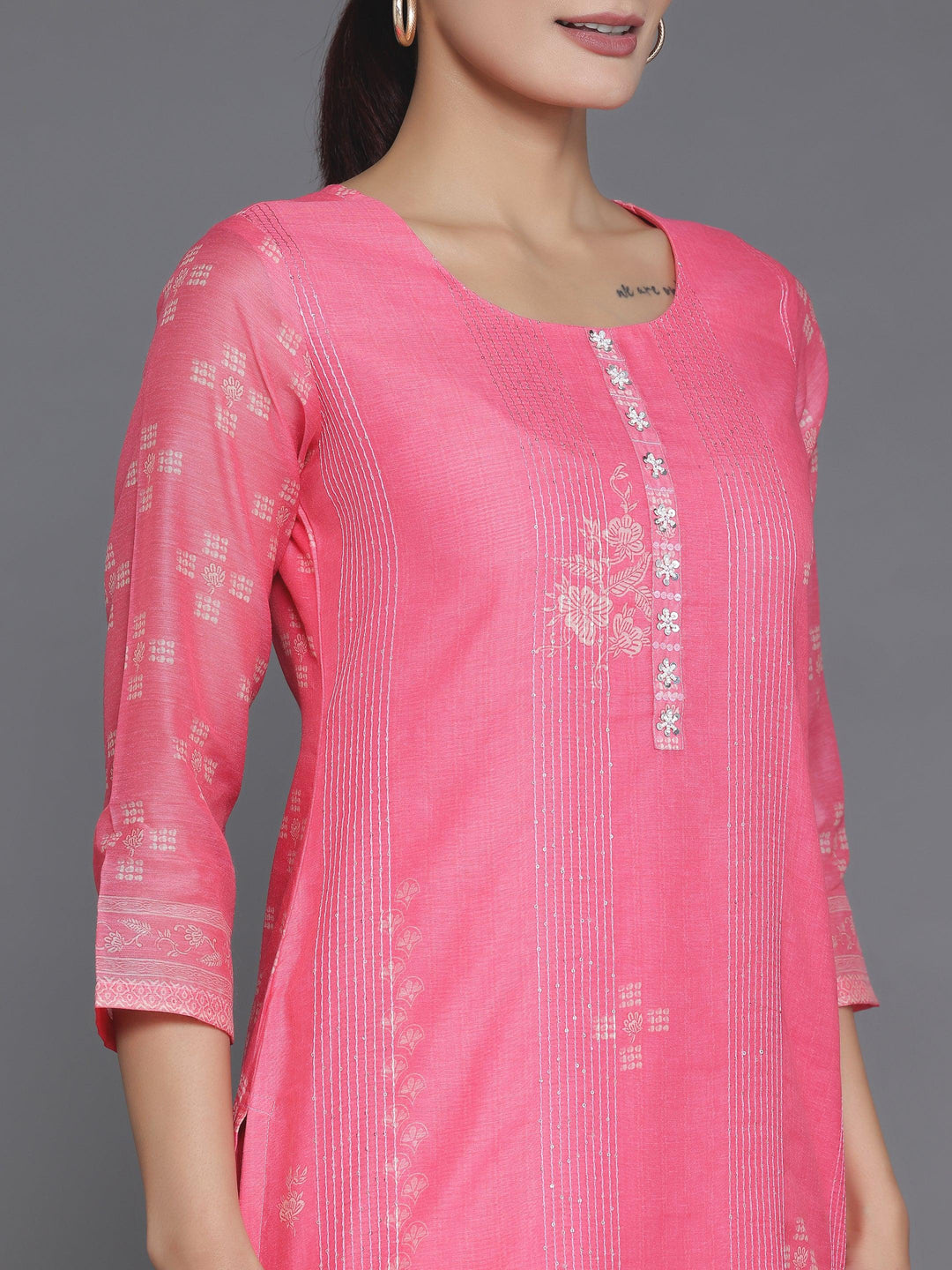 Pink Printed Chanderi Silk Straight Kurta - Libas 