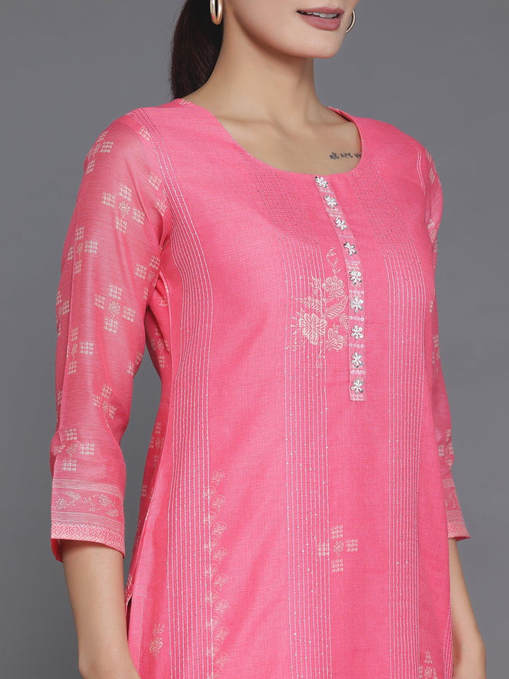 Pink Printed Chanderi Silk Straight Kurta - Libas