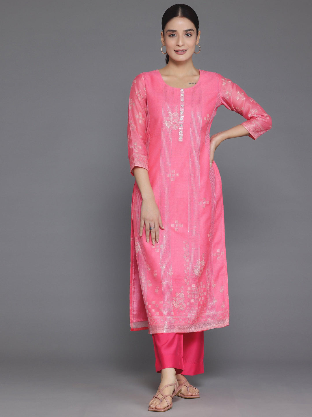 Pink Printed Chanderi Silk Straight Kurta - Libas 