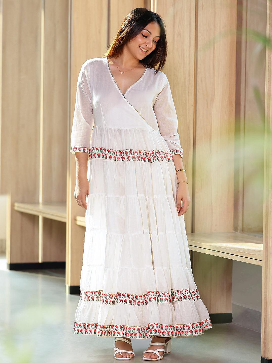 White Printed Cotton Maxi Dress - Libas 