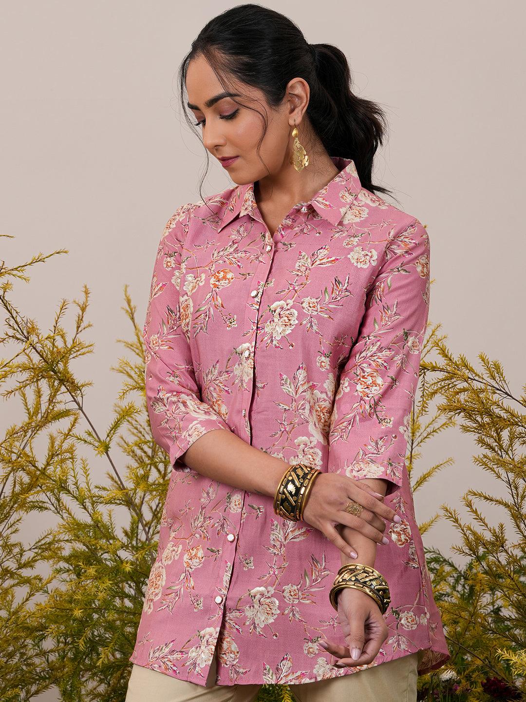 Pink Printed Silk Blend A-Line Kurti - Libas 