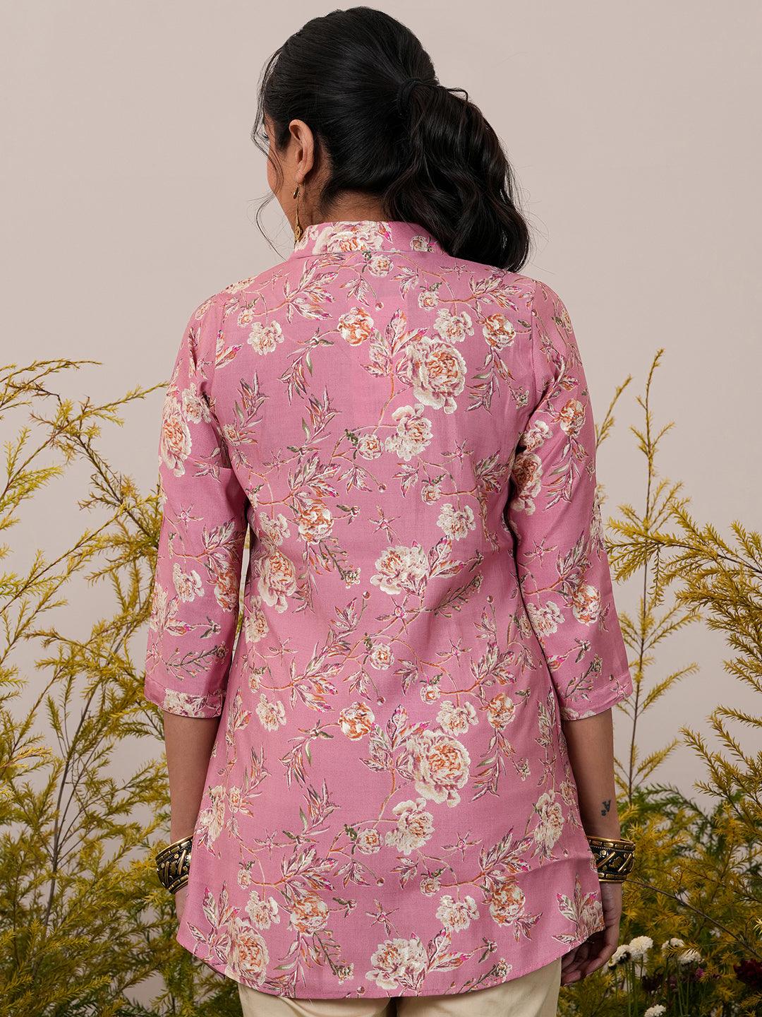 Pink Printed Silk Blend A-Line Kurti - Libas 