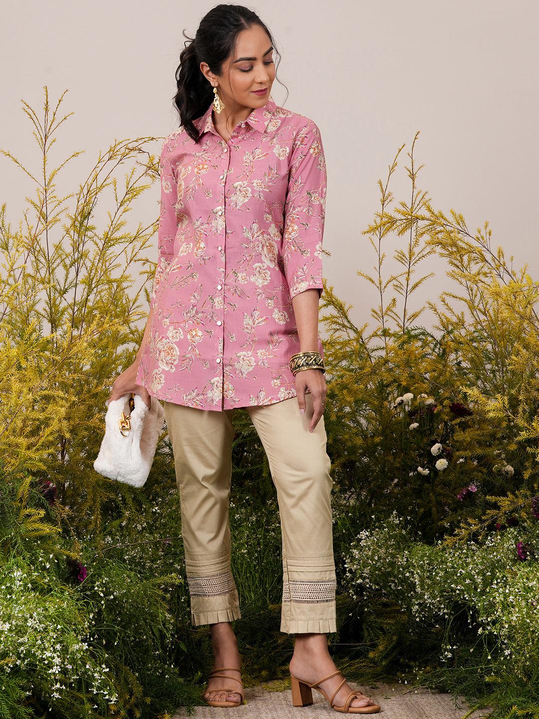 Pink Printed Silk Blend A-Line Kurti - Libas