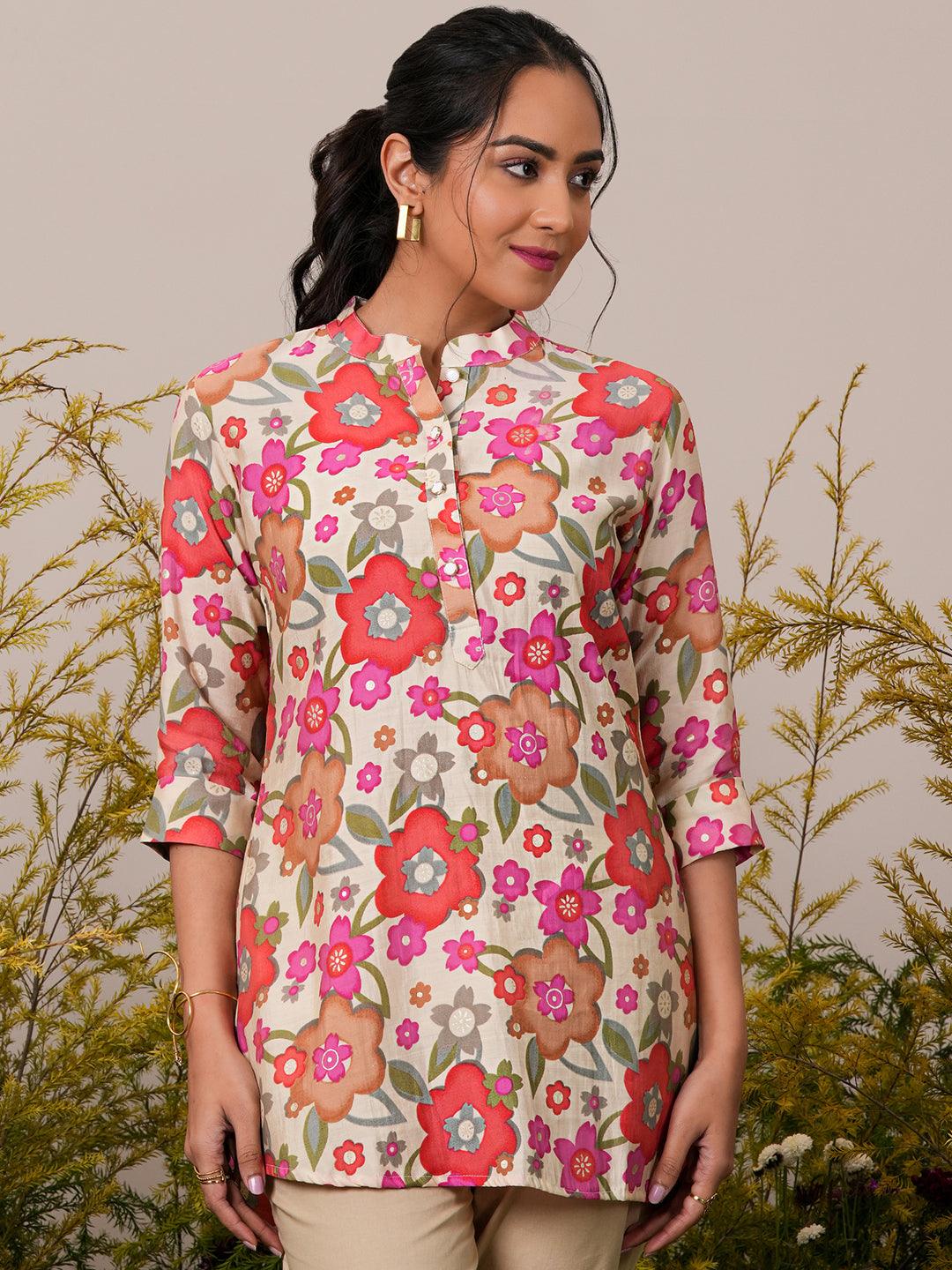 Cream Printed Silk Blend A-Line Kurti - Libas 