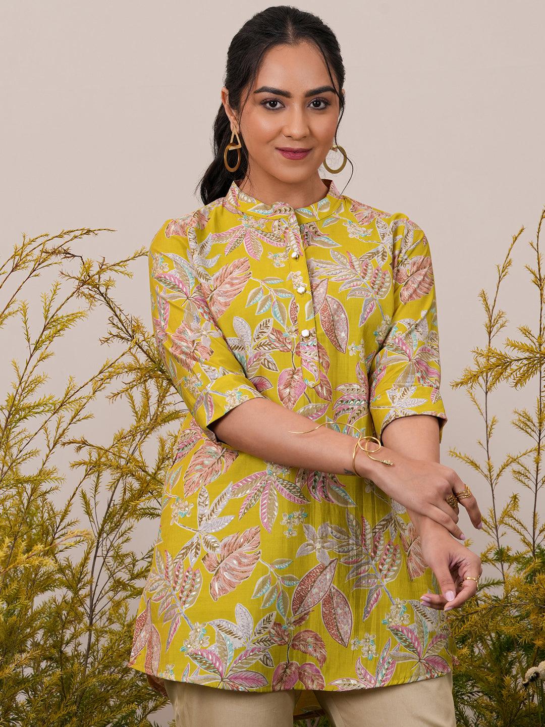 Yellow Printed Silk Blend A-Line Kurti - Libas 