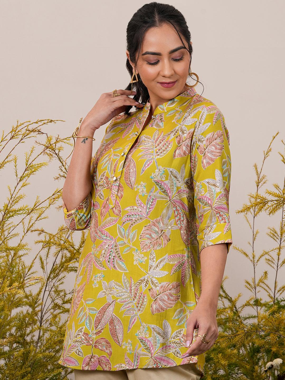 Yellow Printed Silk Blend A-Line Kurti - Libas 