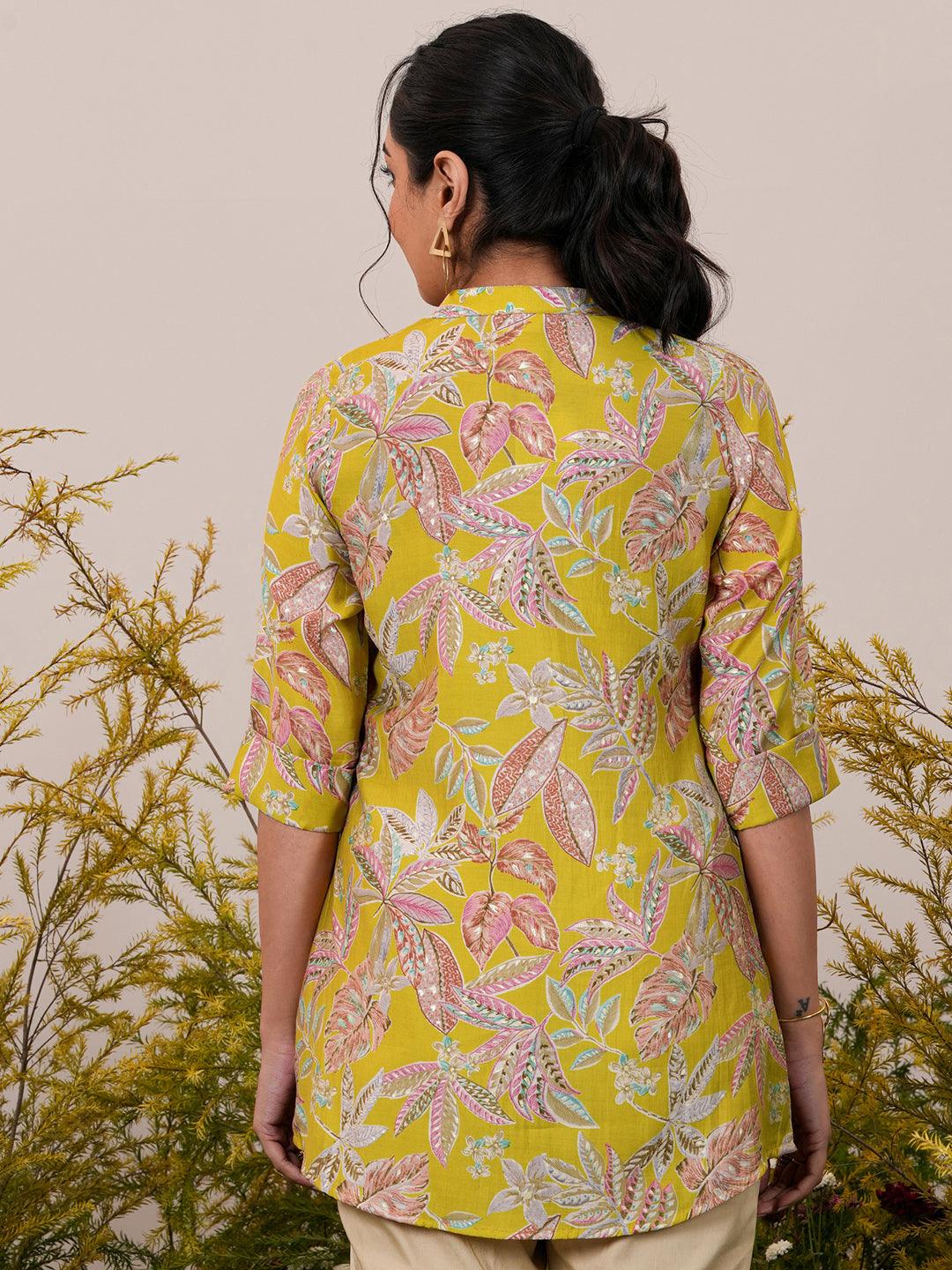 Yellow Printed Silk Blend A-Line Kurti - Libas 