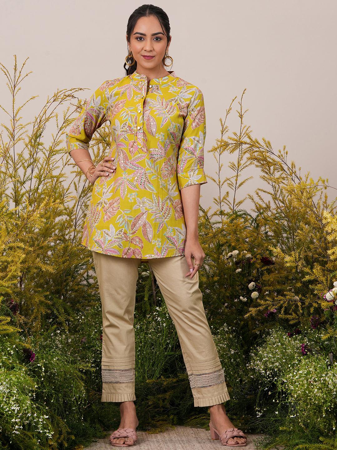 Yellow Printed Silk Blend A-Line Kurti - Libas 