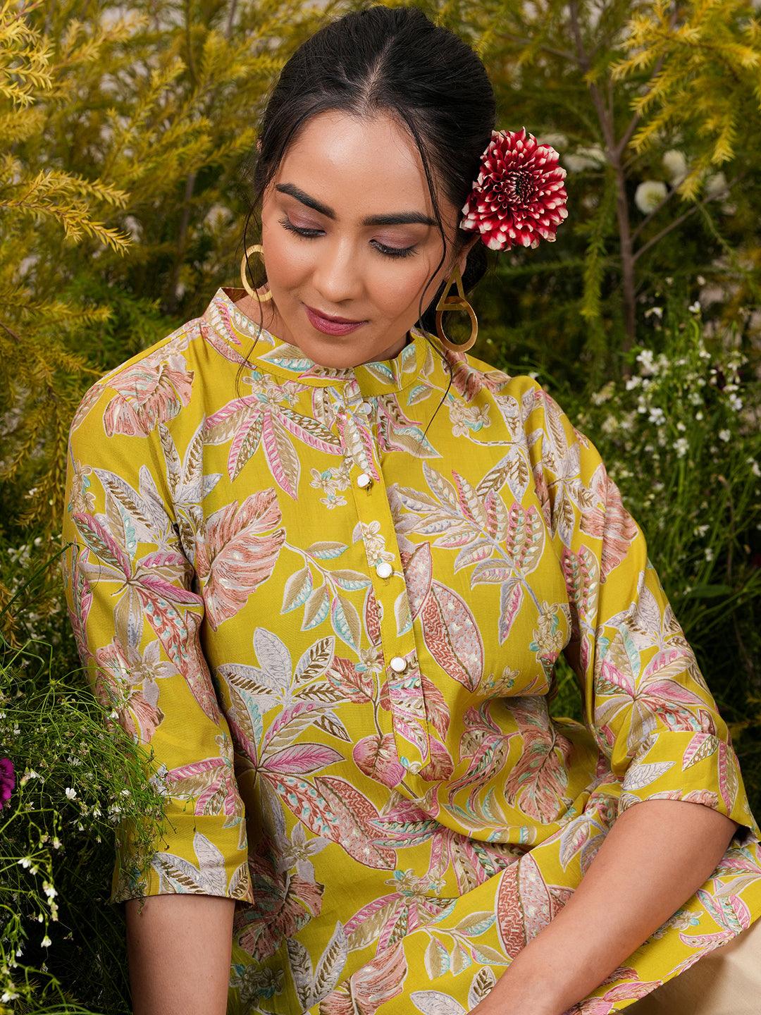 Yellow Printed Silk Blend A-Line Kurti - Libas