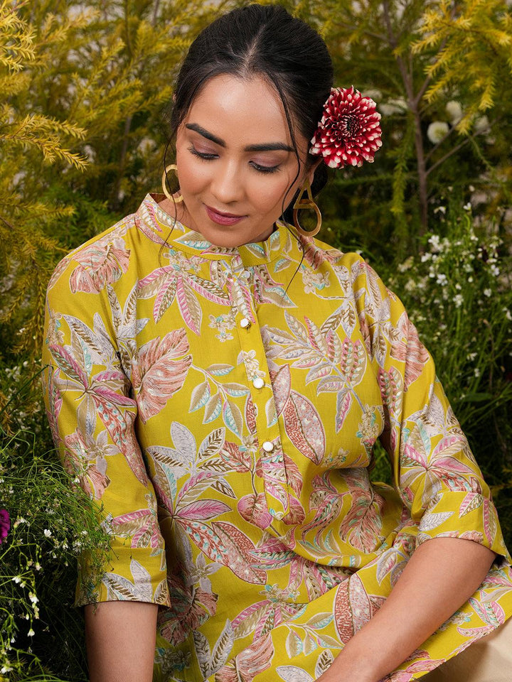 Yellow Printed Silk Blend A-Line Kurti - Libas