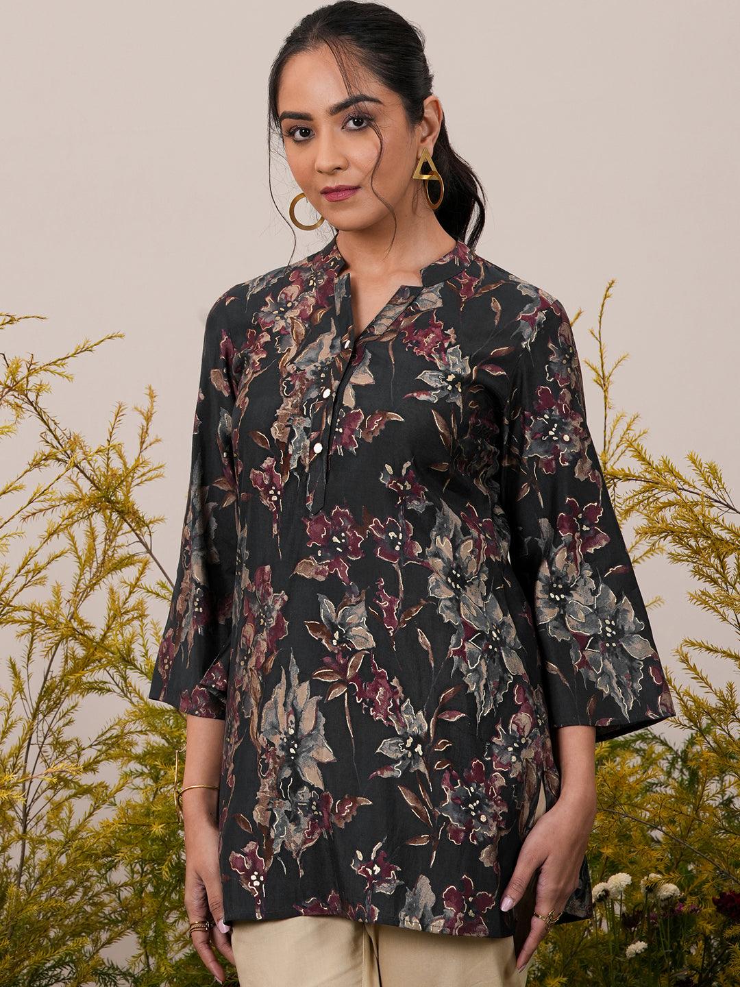 Black Printed Silk Blend A-Line Kurti - Libas