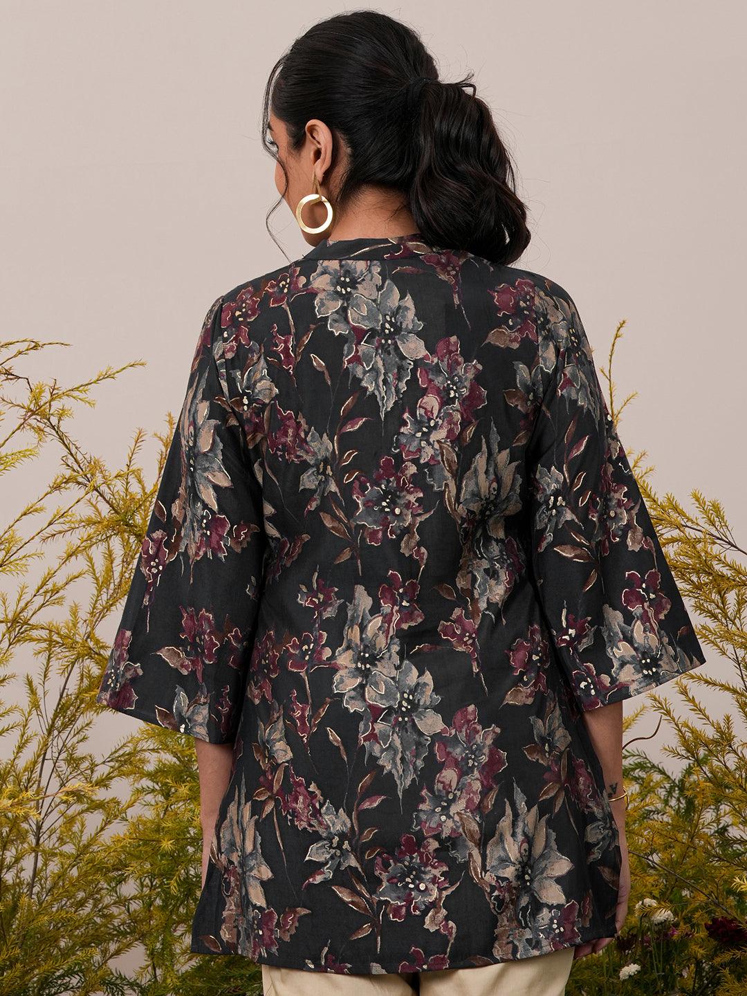 Black Printed Silk Blend A-Line Kurti - Libas 