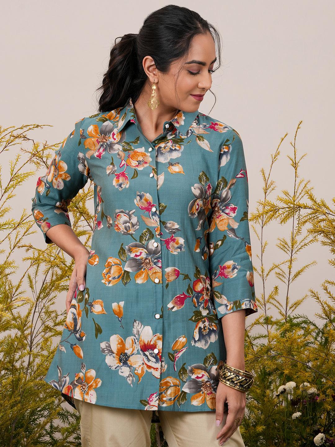 Blue Printed Silk Blend A-Line Kurti - Libas 