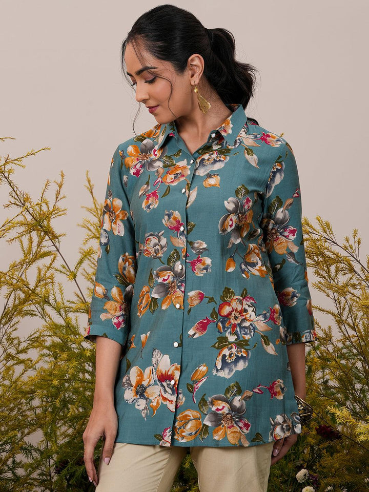 Blue Printed Silk Blend A-Line Kurti - Libas